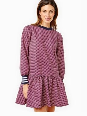 Addison Bay Vire Dress Pink Navy Geo Print Drop Waist Dress NWT Size M